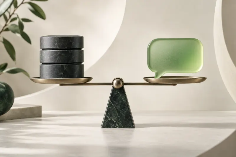 A balance comparing database discs with a green conversation bubble.