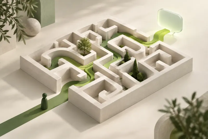 A green pathway through a pale maze leading to a chat bubble.