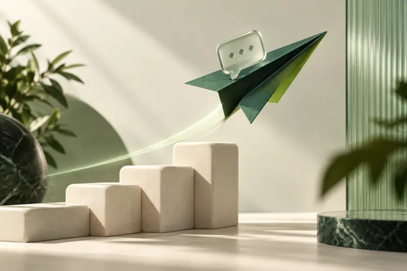 A green paper airplane launching above modular blocks and a chat symbol.