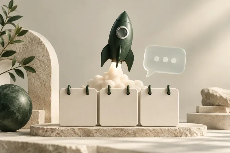 A green rocket with three blank calendar tiles and a conversation bubble.