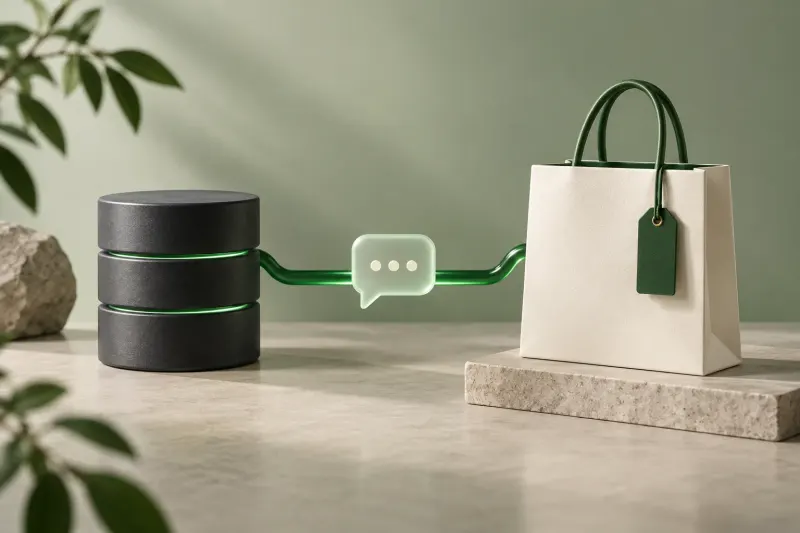 A green connector linking a customer database to a shopping bag through conversation.