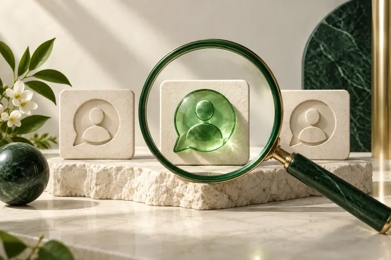 A green magnifying glass highlighting a chat-shaped gemstone among customer cards.