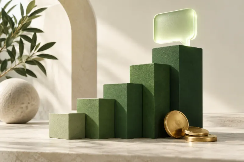 Green steps and a chat bubble representing conversational commerce growth.