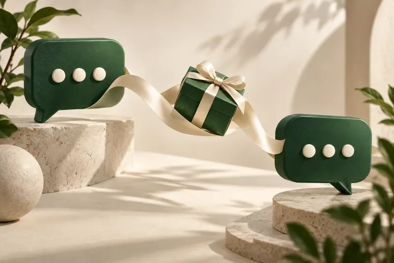 Two green conversation bubbles connected by a ribbon and referral gift.