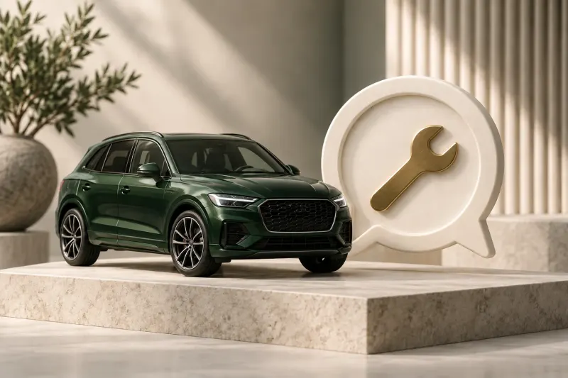 A green car beside a chat bubble containing a service wrench.