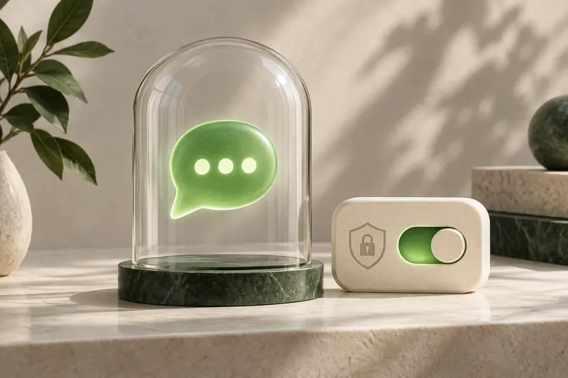 A protected green chat bubble under glass beside a consent switch.
