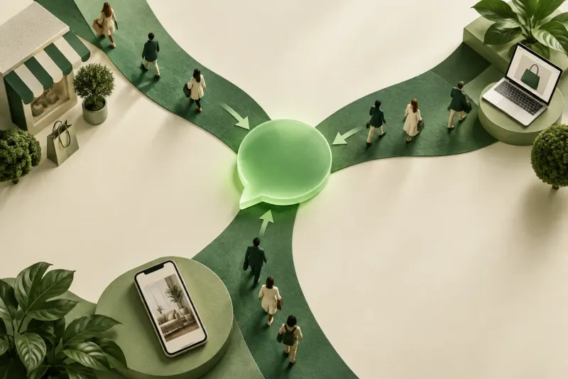 Three green routes converging on a central conversation bubble.