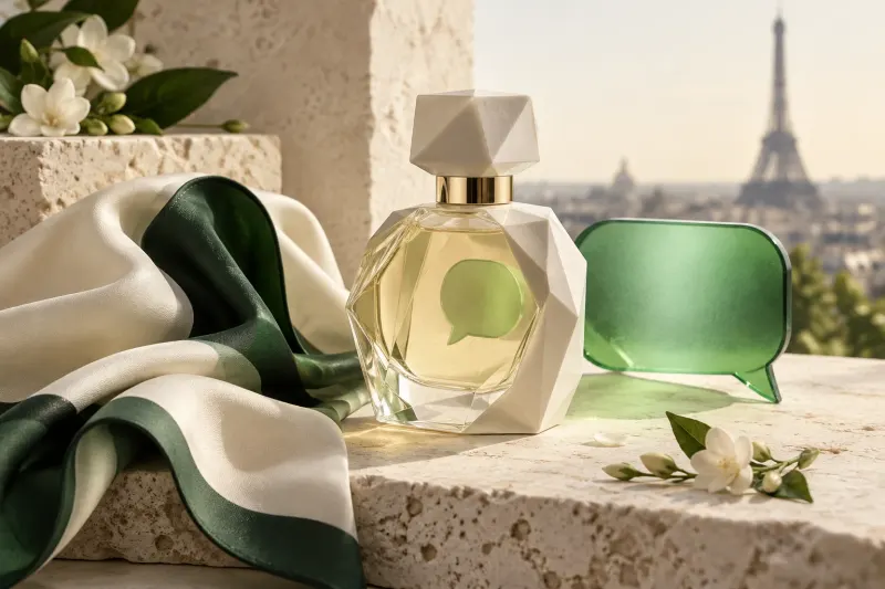 A perfume bottle and silk scarf with a translucent green chat bubble.