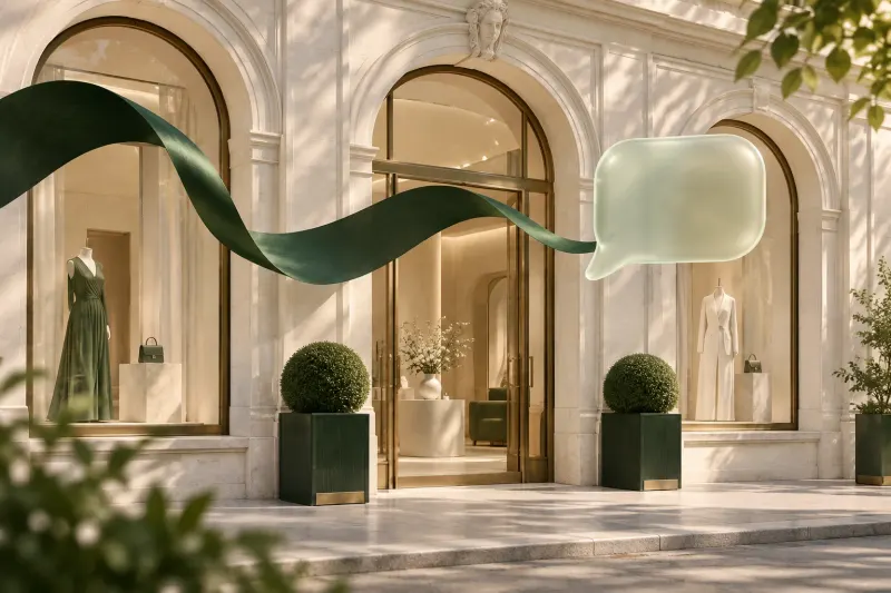 A Parisian boutique facade with a green ribbon forming a conversation bubble.