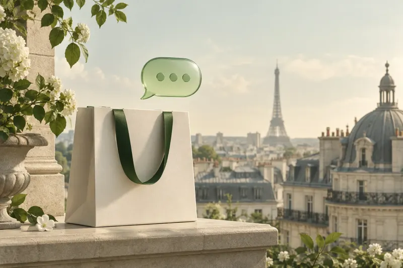 A luxury shopping bag and green chat bubble against Parisian rooftops.