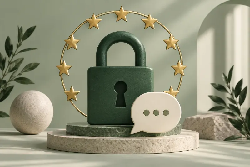 A green lock surrounded by twelve stars and an ivory chat bubble.