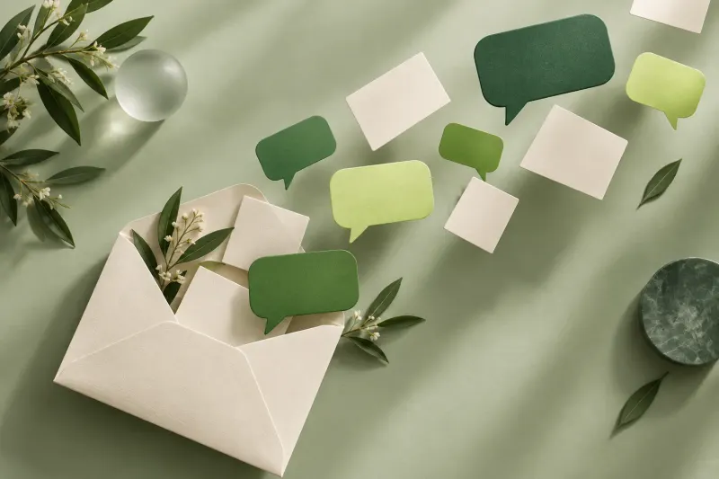 Green chat bubbles fanning out from an open ivory newsletter envelope.
