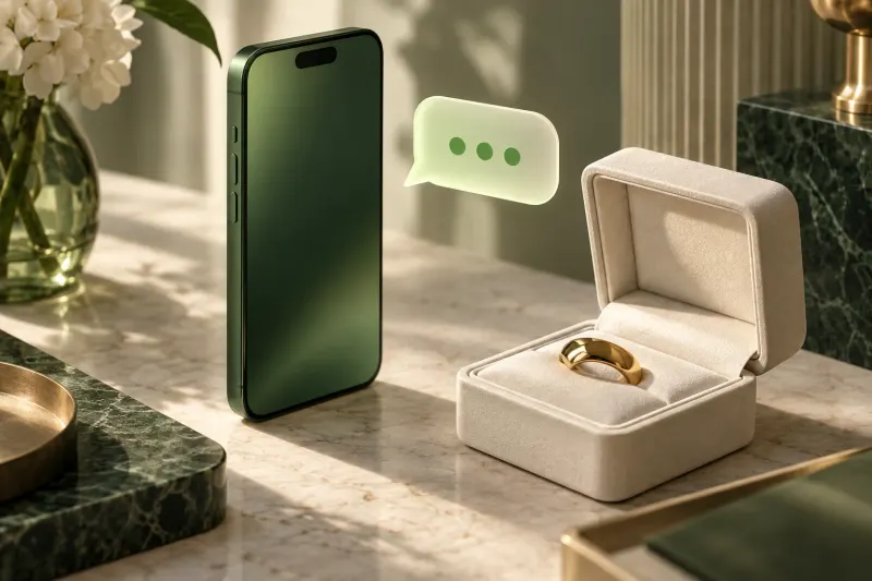 A green phone beside a jewelry box and personal-shopping chat bubble.