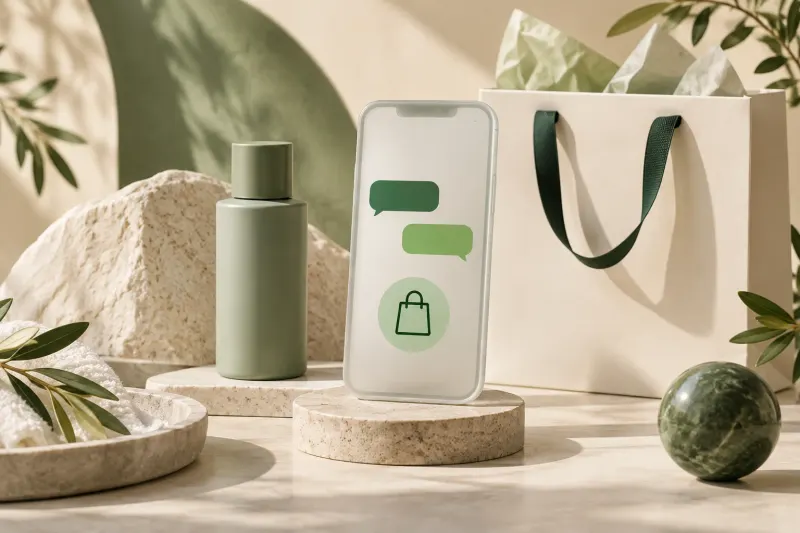 Skincare products and a shopping bag beside a phone with abstract chat shapes.