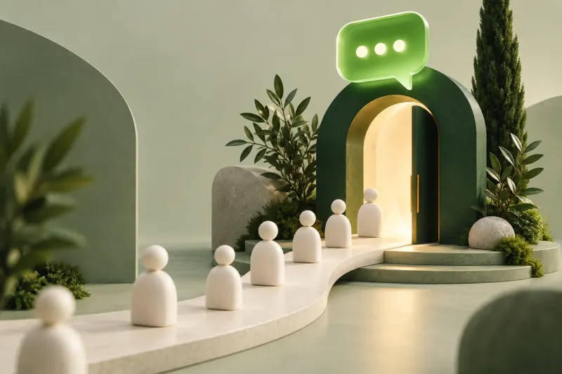 Customer tokens approaching a green doorway beneath a chat bubble.