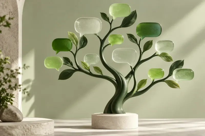 A sculptural green tree with chat-bubble leaves representing audience growth.