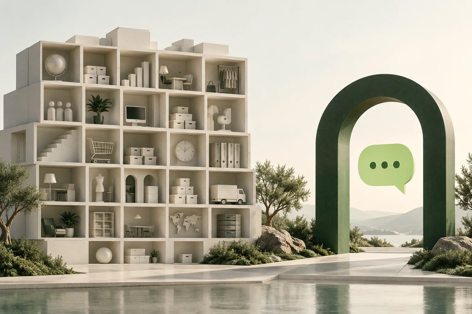 A compartmentalized CRM model beside an open green arch and chat bubble.
