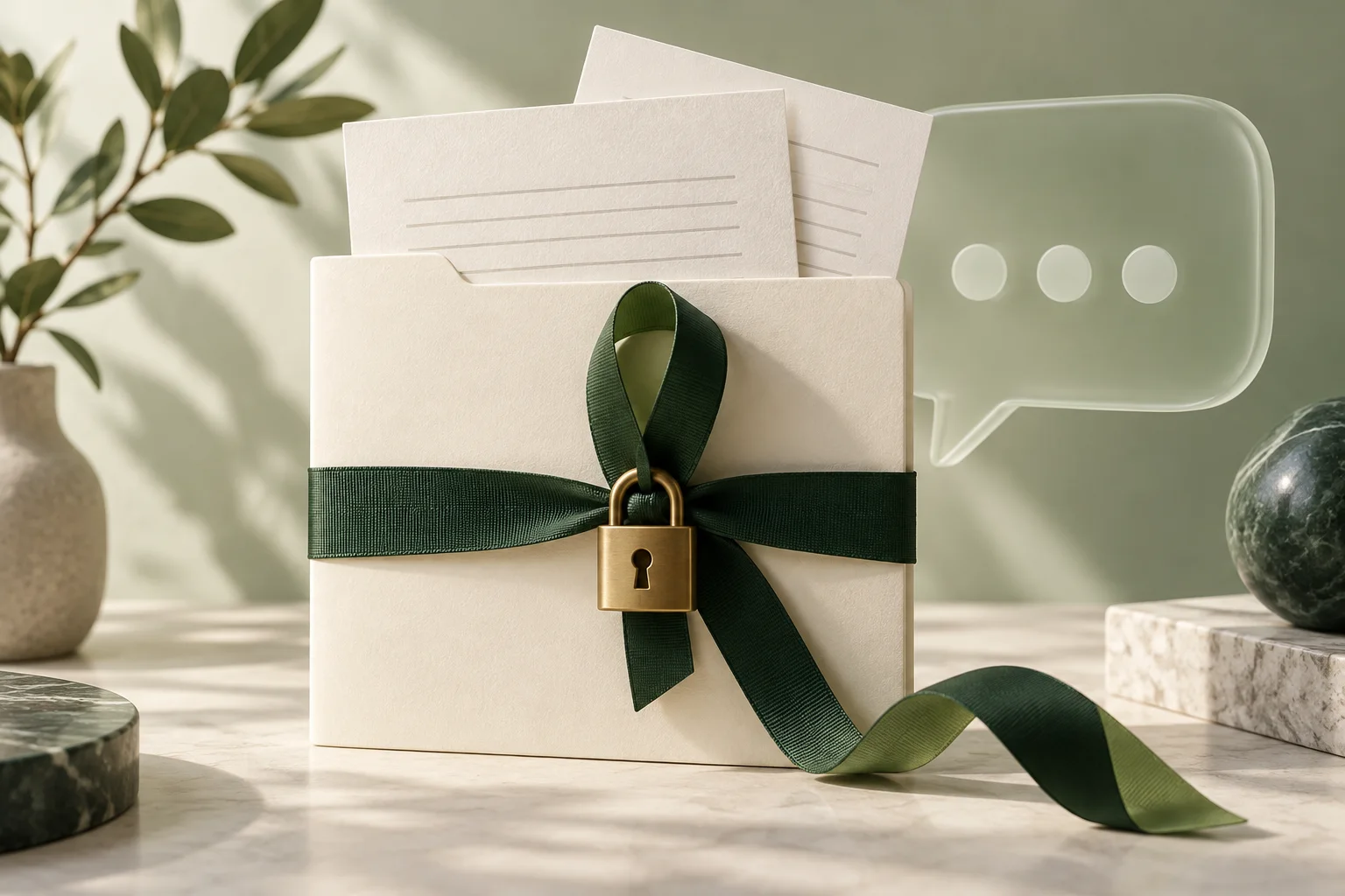 Consent documents secured with a green ribbon and small lock.