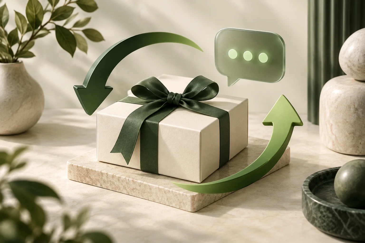 A parcel encircled by green arrows and a chat bubble for repeat purchases.