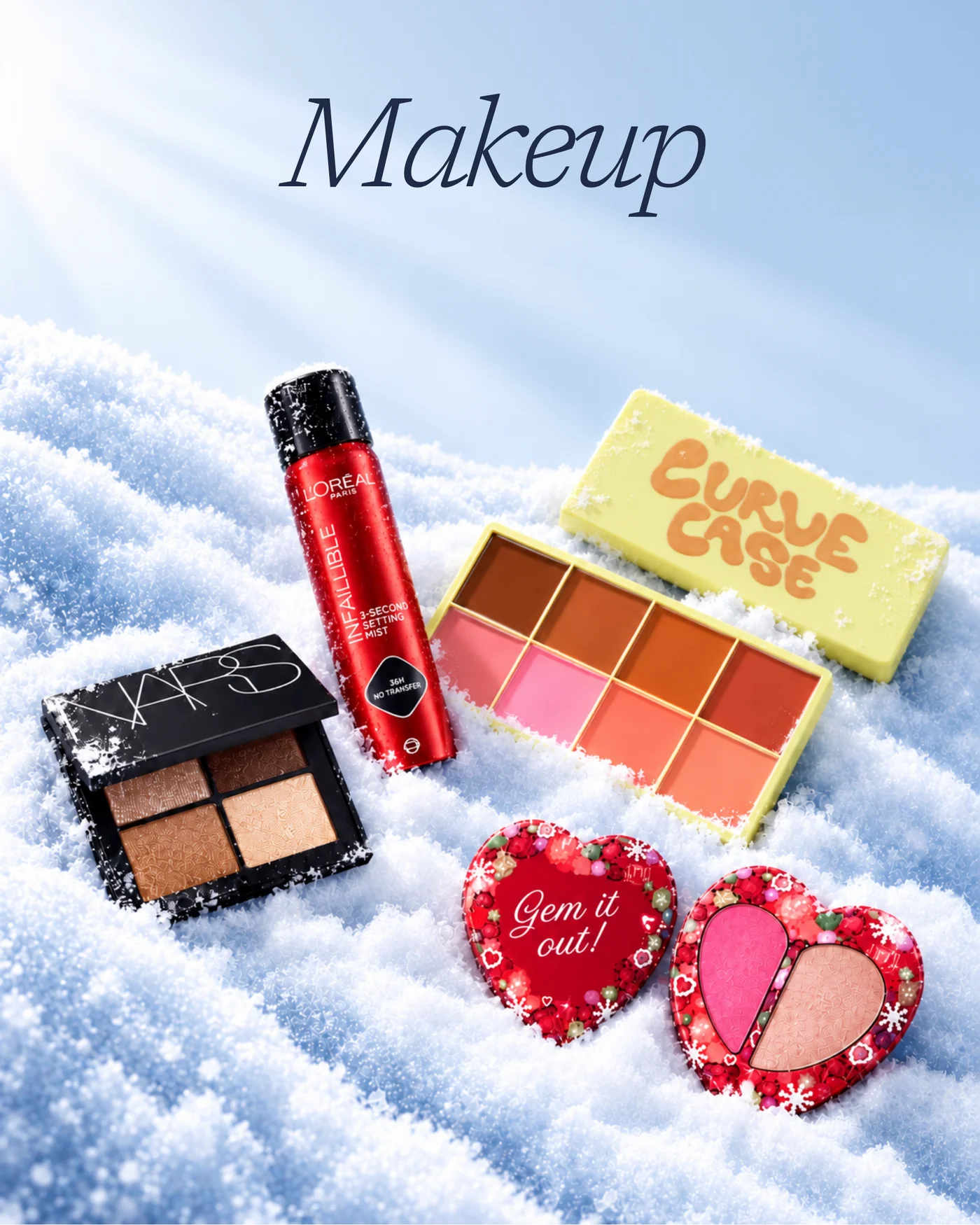 Makeup products from JustMyLook arranged on a snowy blue backdrop
