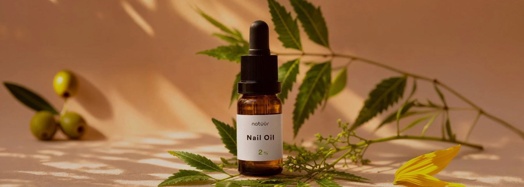 Natüür nail oil surrounded by neem leaves in warm sunlight