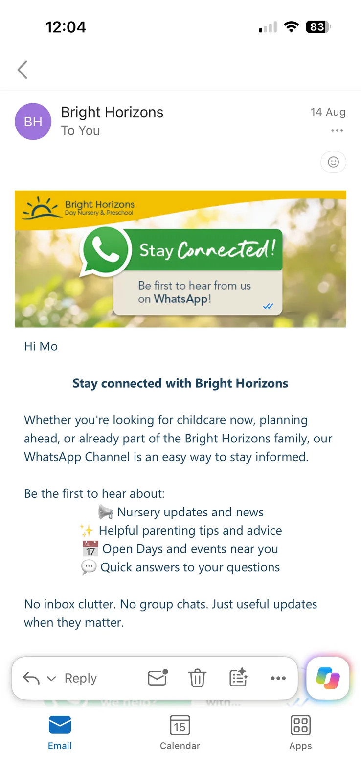 Bright Horizons email inviting subscribers to stay connected on WhatsApp