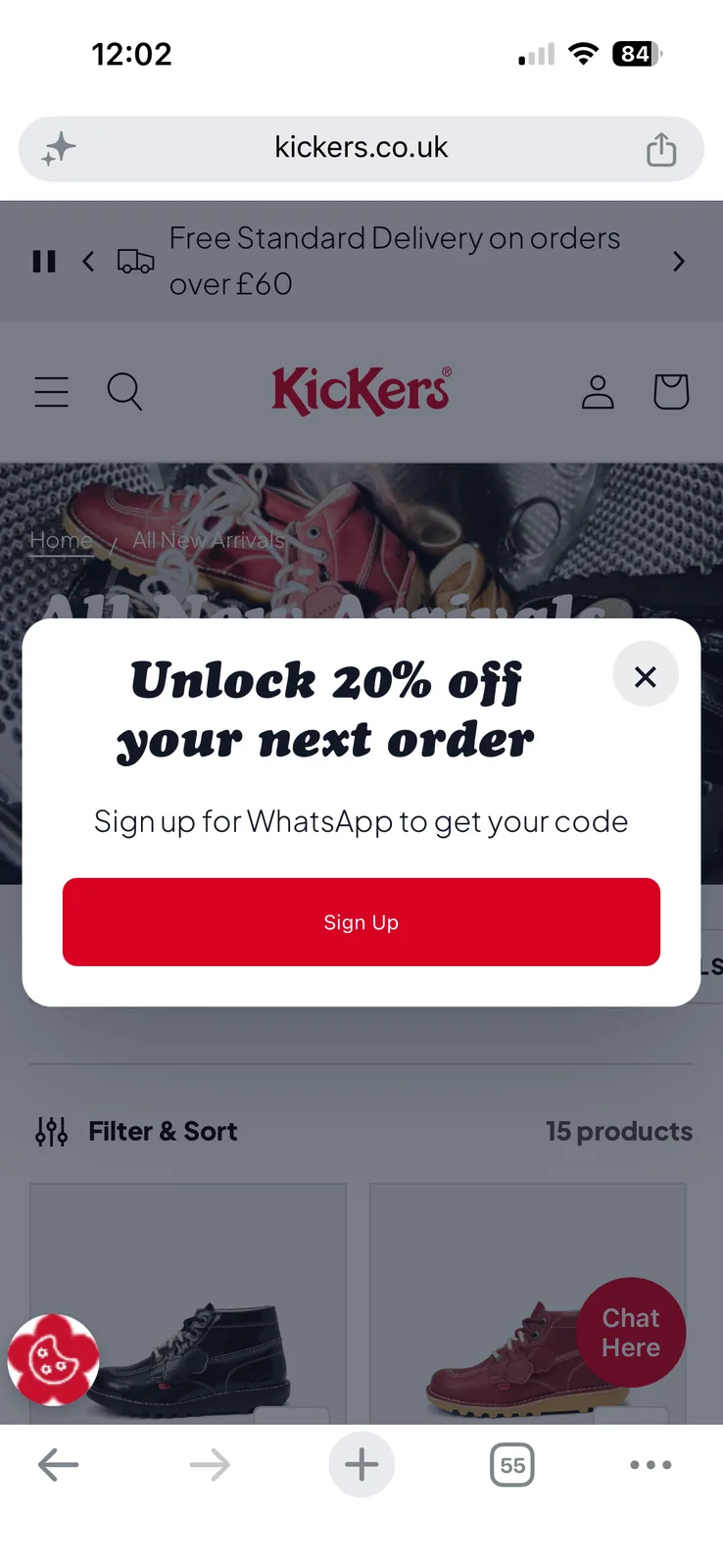 Kickers website popup offering 20% off the next order for signing up to WhatsApp