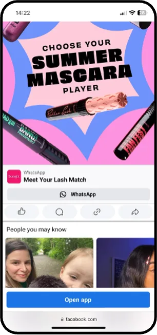 Benefit Cosmetics social ad that opens a WhatsApp conversation